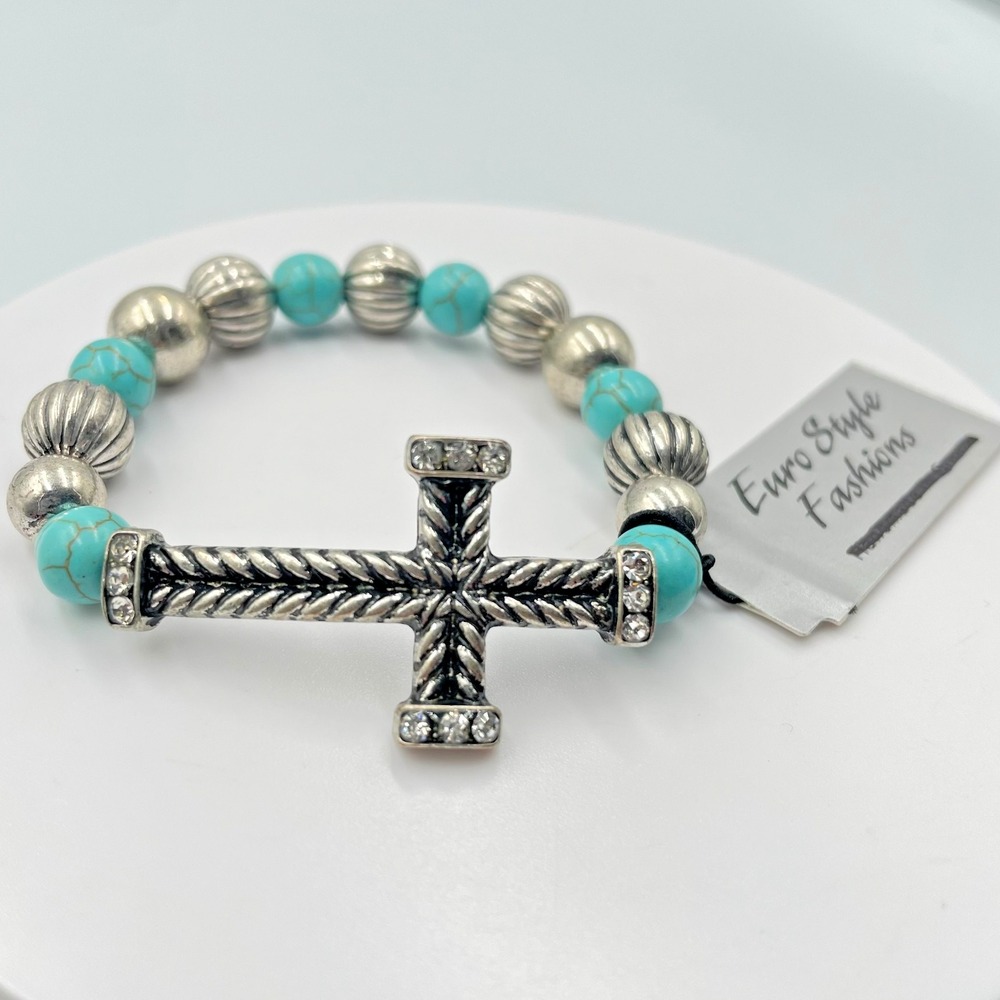 VTG Silver Tone Faux Turquoise Bead Stretch Bracelet Textured Rhinestone Cross